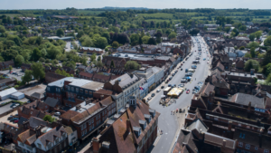 Ariel view of Marlborough Town UK on a bright day